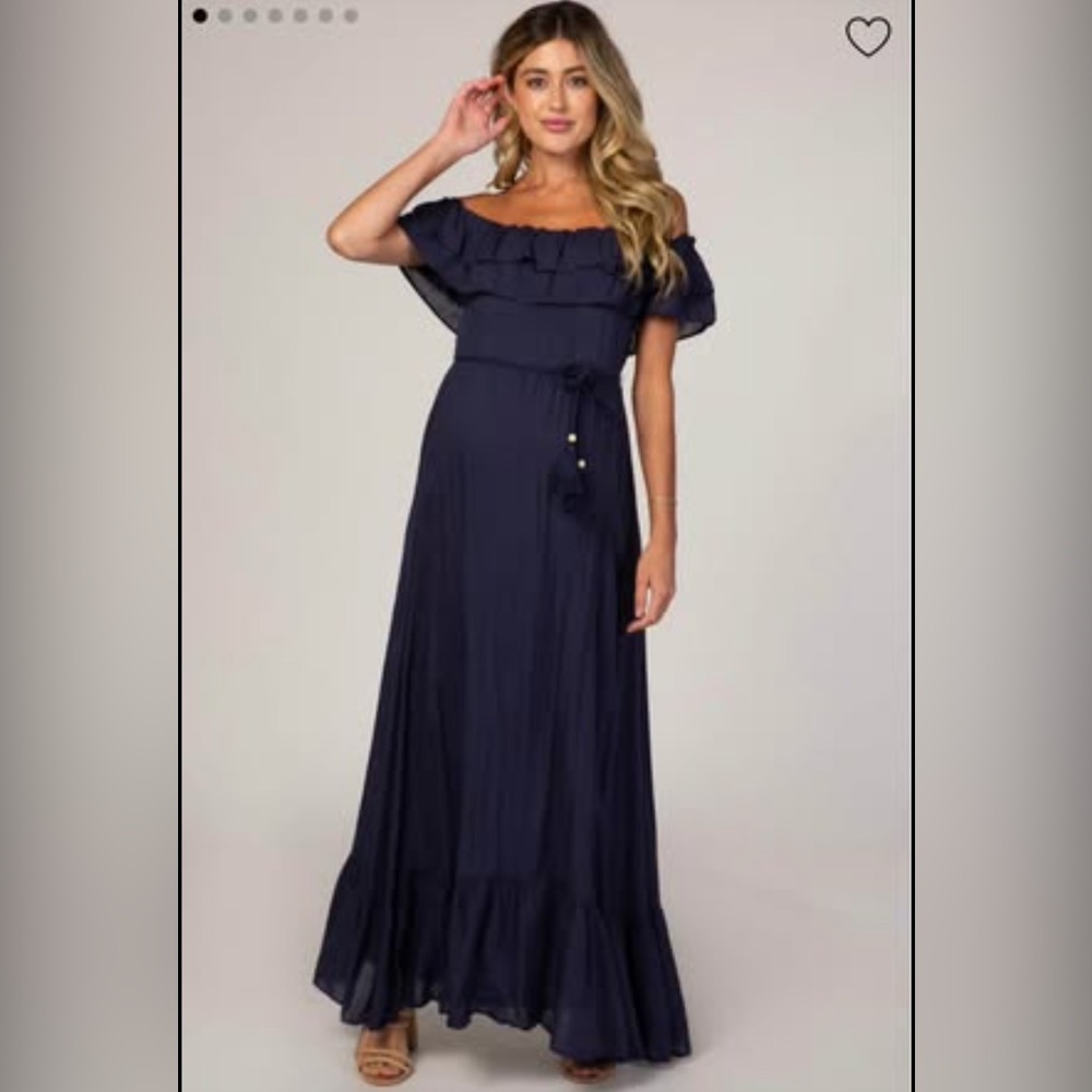 Navy Blue Off Shoulder Tassel Tie iMaternity Maxi Dress
